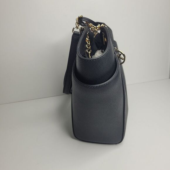 Michael Kors Jet Set Travel LG Chain Shoulder Tote Black Gold - Picture 2 of 7